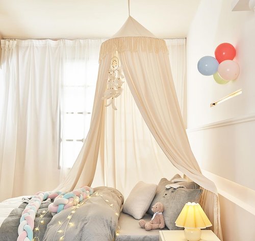 Mengersi Kids Bed Canopy with Tassel,Bed Canopy for Girls Boys Room Tent,Baby Crib Hanging Curtain-Bedroom Privacy Space Sleeping Tents Gifts,Ivory