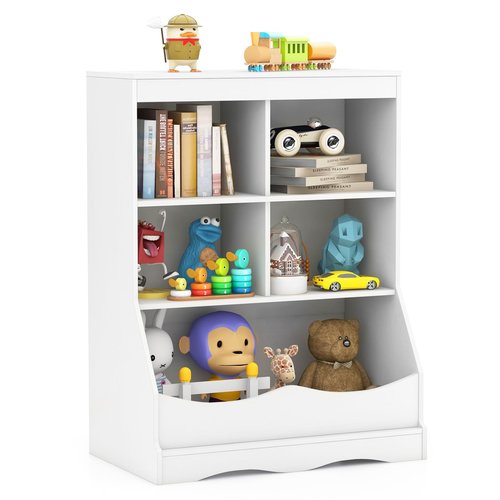 HONEY JOY Kids Toy Storage Organizer with Bookcase, 4-Cubby Organization Storage Cabinet w/Display Shelf, Wooden Toy Storage Unit for Playroom, Nursery Daycare(White)