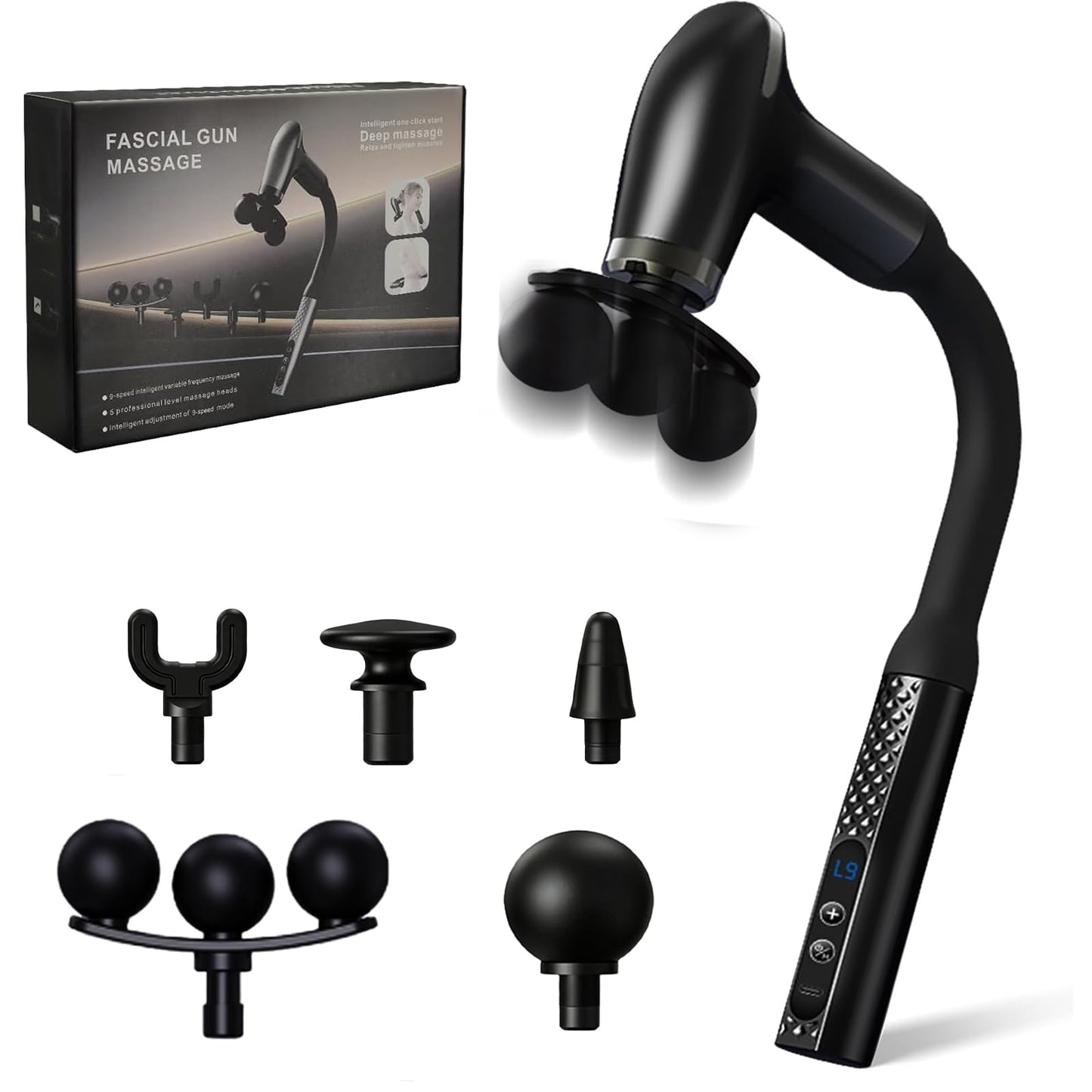 HISBO Massage Gun with Upgraded Extension Handle, Massage Gun Deep Tissue - Back Massager for Relief Deep Tissue, Muscles/Neck/Shoulders/Waist/Legs Massager,5 Replaceable Heads&9 Speed Levels (Black)