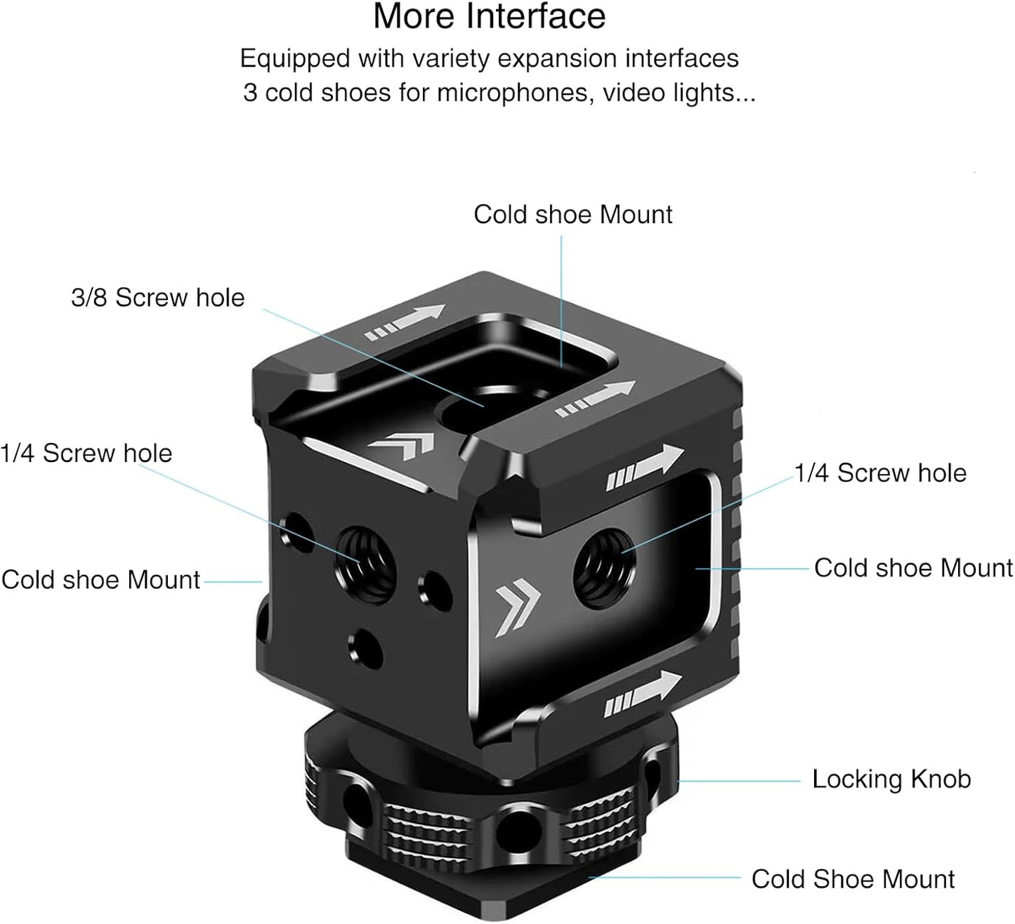 3 1/4"-20 Port Cold Shoe Mount with Thread for Camera Cage Flash LED Monitor Microphone etc., Aluminum Camera Triple