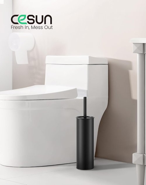 Cesun Toilet Brush Set - Curved Design for Deep Cleaning | 304 Stainless Steel Holder, Black, 2 Replaceable Heads