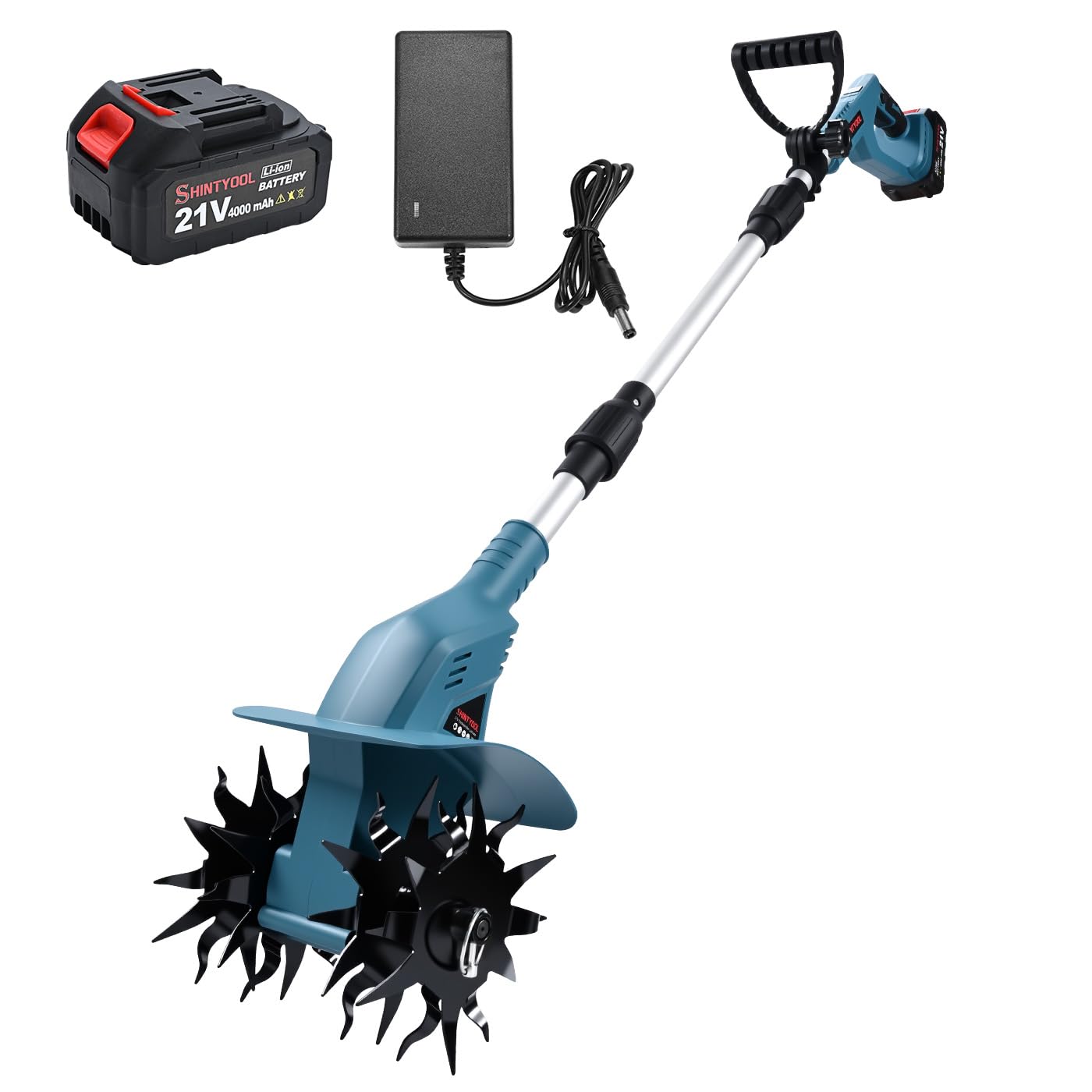 21v Cordless Tiller, 8-Inch Wide 4.0 Ah Battery Powered Garden Cultivator, Cultivator with Steel Tines and Battery Capacity Display, Rototiller for Lawn/Gardening/Soil Cultivation (Blue) by Shintyool