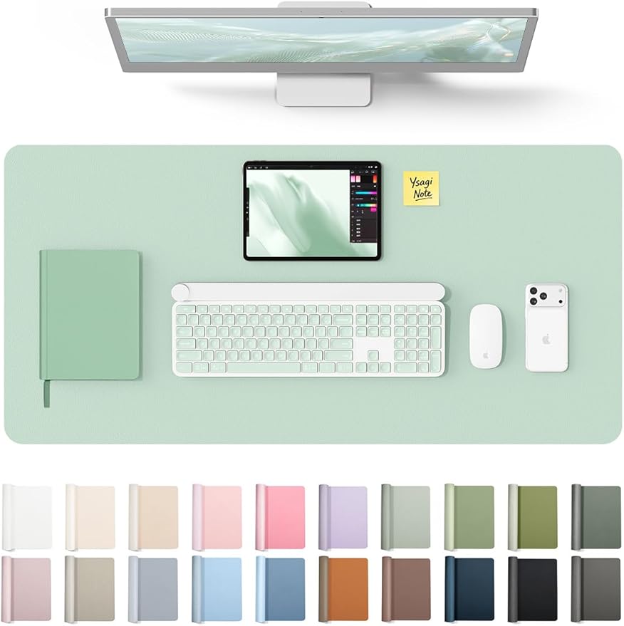 YSAGi Leather Desk Protector, Office Mat, Large Mouse Mat, Non-Slip PU Leather Blotter, Laptop Pad, Waterproof Writing Pad for Office and Home (Pale Green, 31.5" x 15.8")