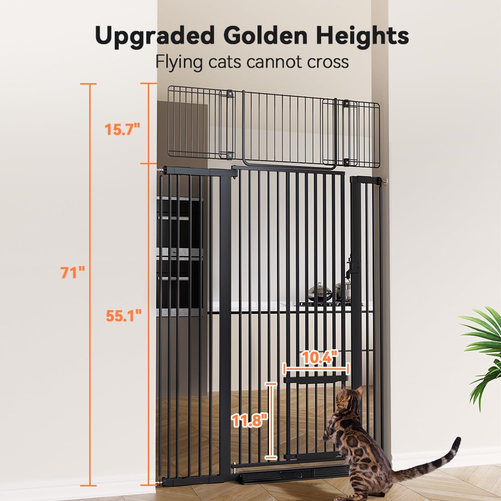 COMOMY 71" Extra Tall Pet Gate for Cats, 29.5-43" Extra Wide Cat Gate with Adjustable Cat Door, Pressure Mounted Easy Walk Through Pet Gate with Door for Stairs, Doorways, Kitchen(Black)
