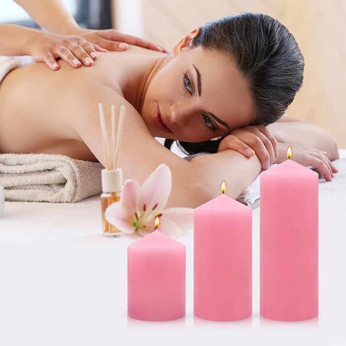 Unscented 3x4 3x6 3x8 Inch Pink Pillar Candles, 3 Packs Dripless Long Lasting Large Solid Pastel Colored Different Sizes Cylinder Column Candles for Home Table Decor Power Outage Emergency