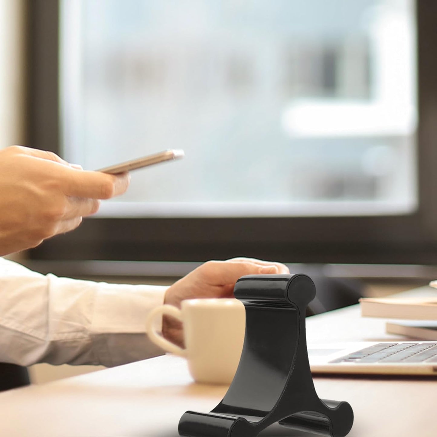 AGFELO Triangle Desktop Phone Holder Stand for Cellphone and Tablet, Black Triangular Desk Mount Rack for Mobile