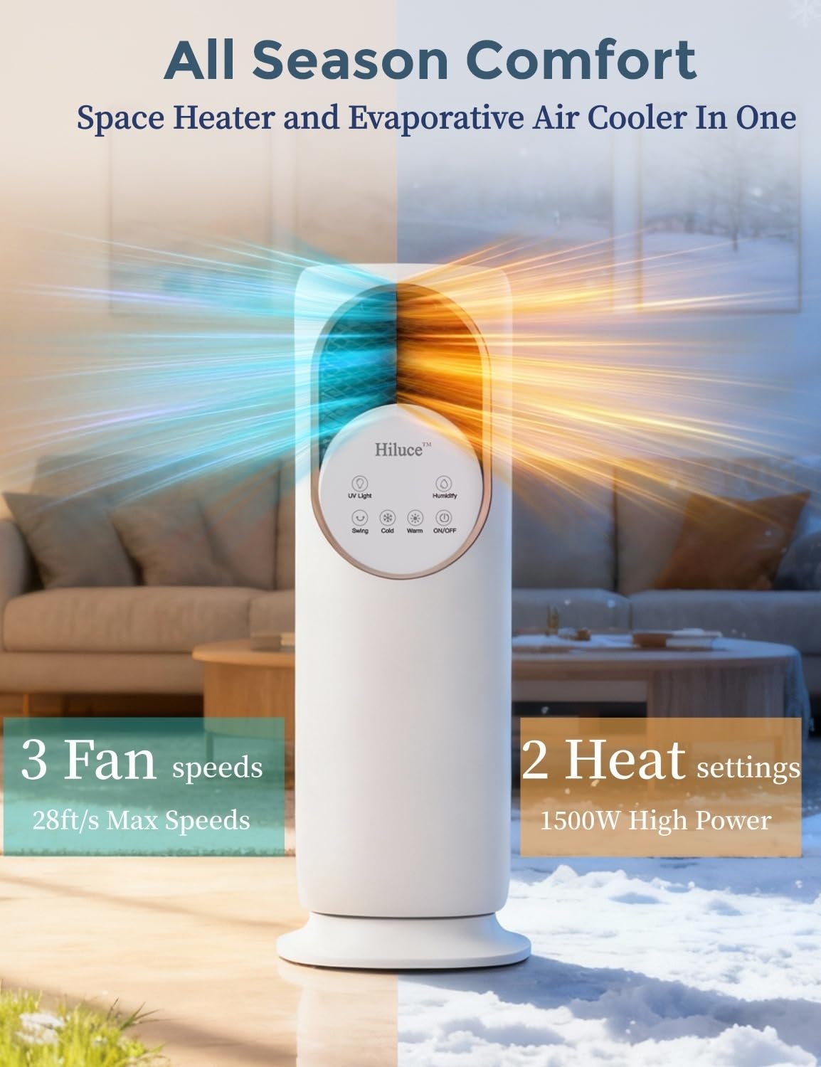 Hiluce 4-IN-1 Evaporative Air Swamp Cooler,Quiet Fan and Heater Combo,28 ft/s Tower Fans that Blow Cold Air,Removable Water Tank,Ice Packs,180°Oscillating,2 Heating & 3 Cooling Speeds,9H Timer