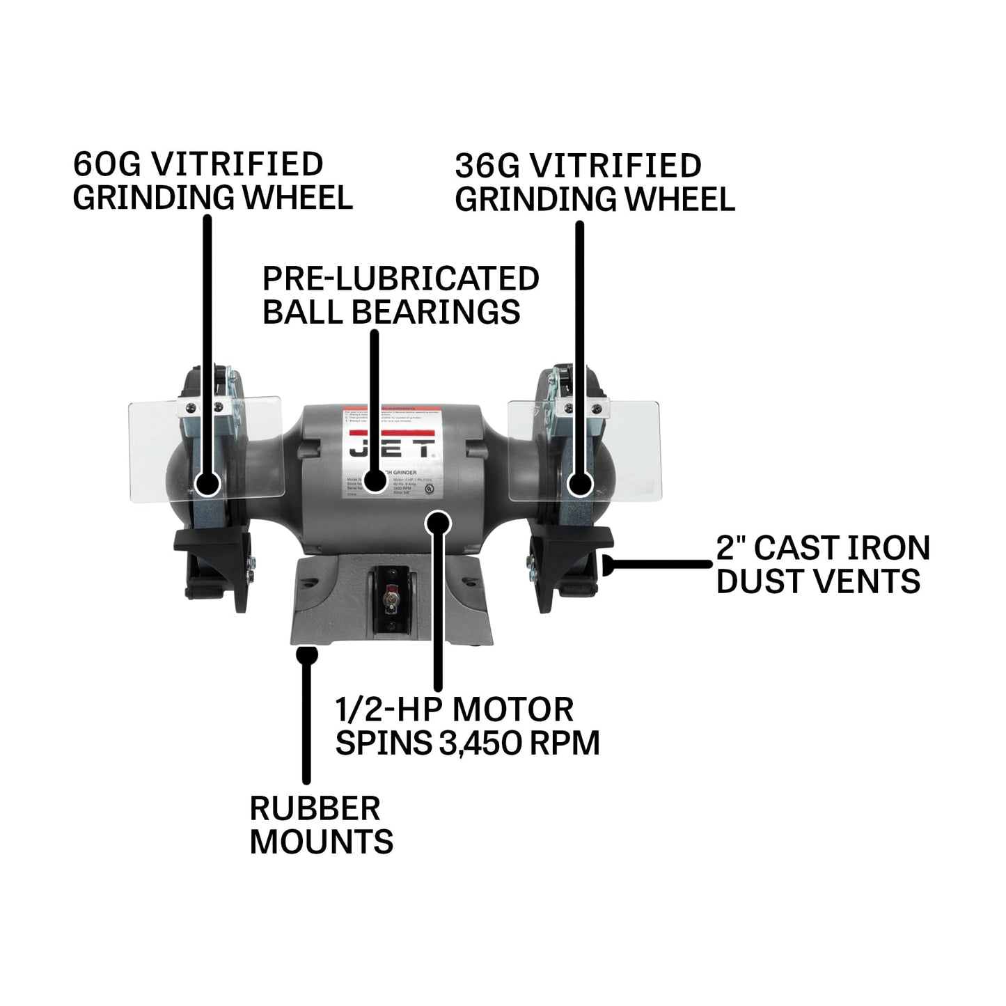 JET 8-Inch Bench Grinder, 3450 RPM, 1/2 HP, 120V 1Ph (Model JBG-8)