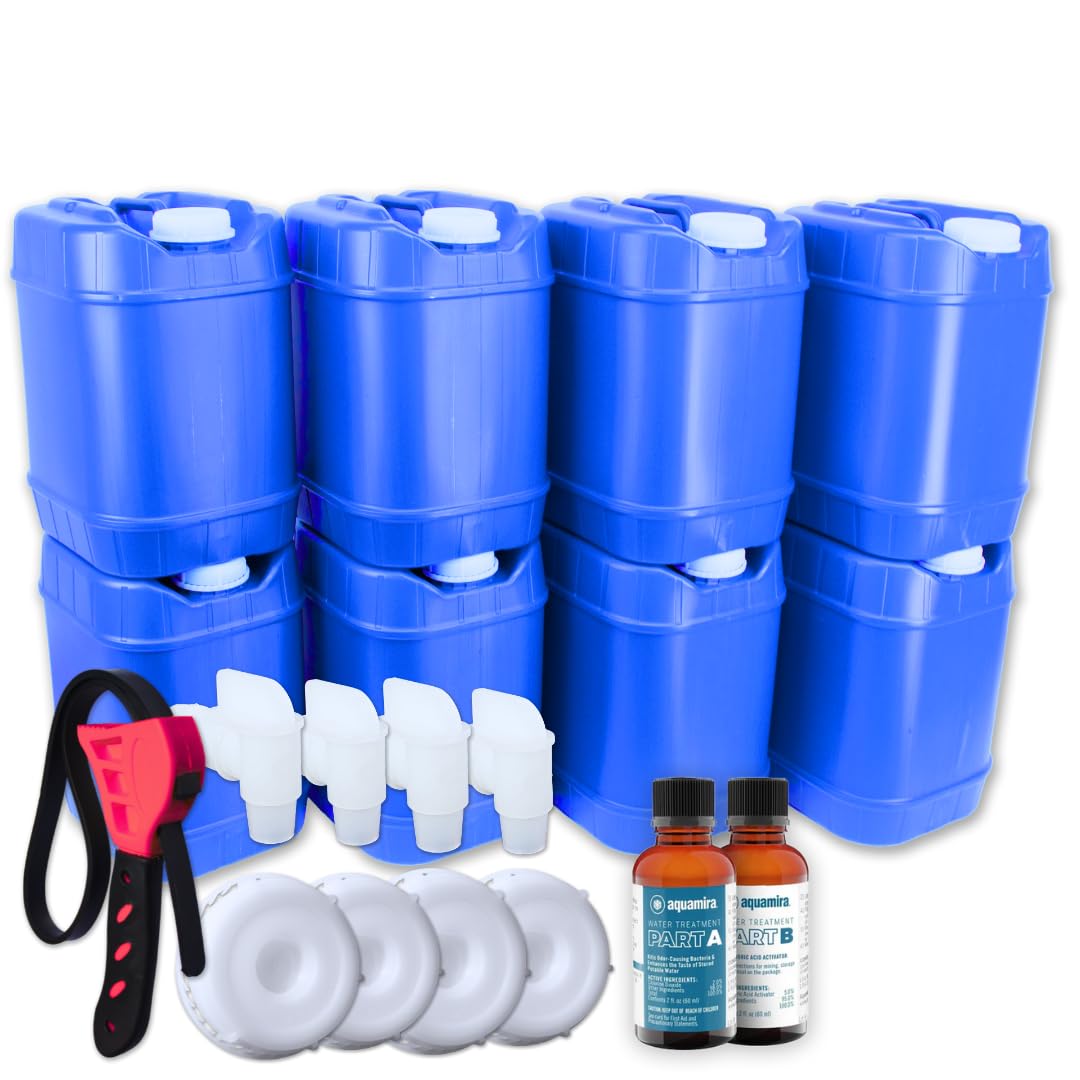 Aguaprep 5-Gallon Stackable Water Storage Containers, Water Treatment, 12 Lids + 4 Spigot, Easy Fill, Survial Supply Emergency Water Storage for Disaster Preparedness, 40 Gallon (8 Tank)