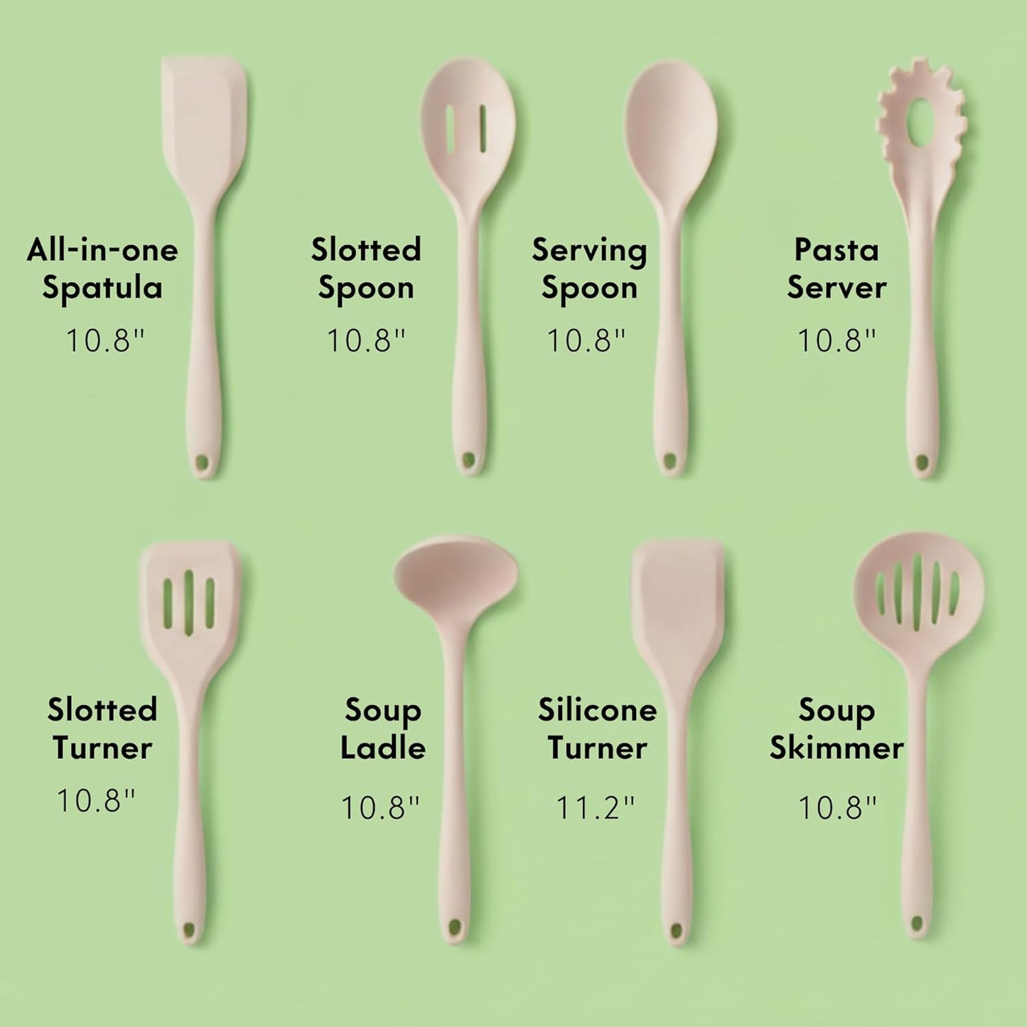 Skiennix Non-Toxic Silicone Kitchen Utensil Set - 8 Heat Resistant Cooking Tools, Beige, 100% Plastic Free