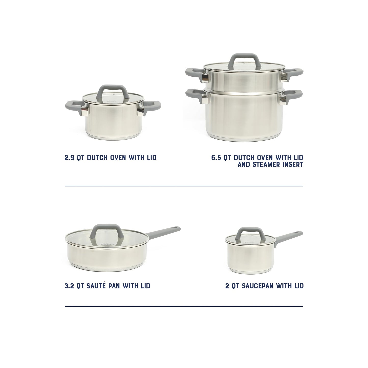 Oster Beauford 9-Piece Stainless Steel 5-Ply Encapsulated Base Cookware Set – Non-Toxic, Induction Compatible Pots and Pans with Stay-Cool Handles – Dishwasher Safe