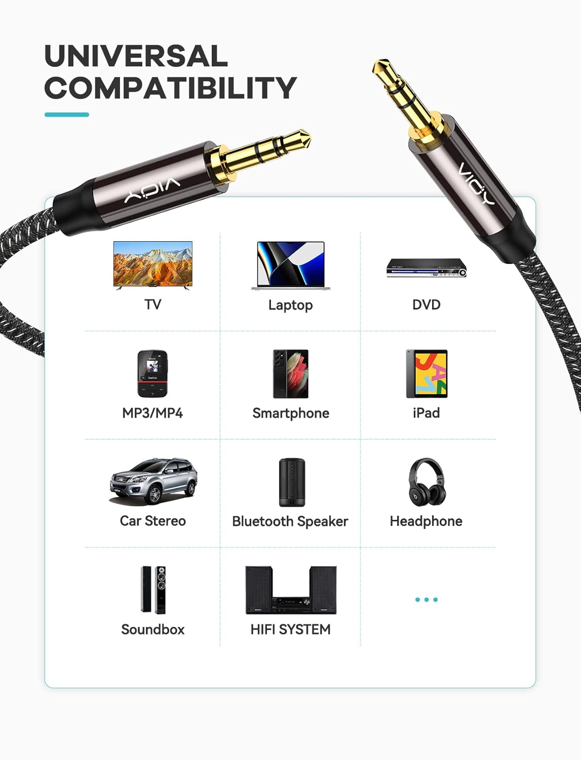 (6.6 3.5 mm VIOY Aux Cable ft), [Copper Shell, Hi-Fi Sound] Male to Male Braided Auxiliary Cord Compatible