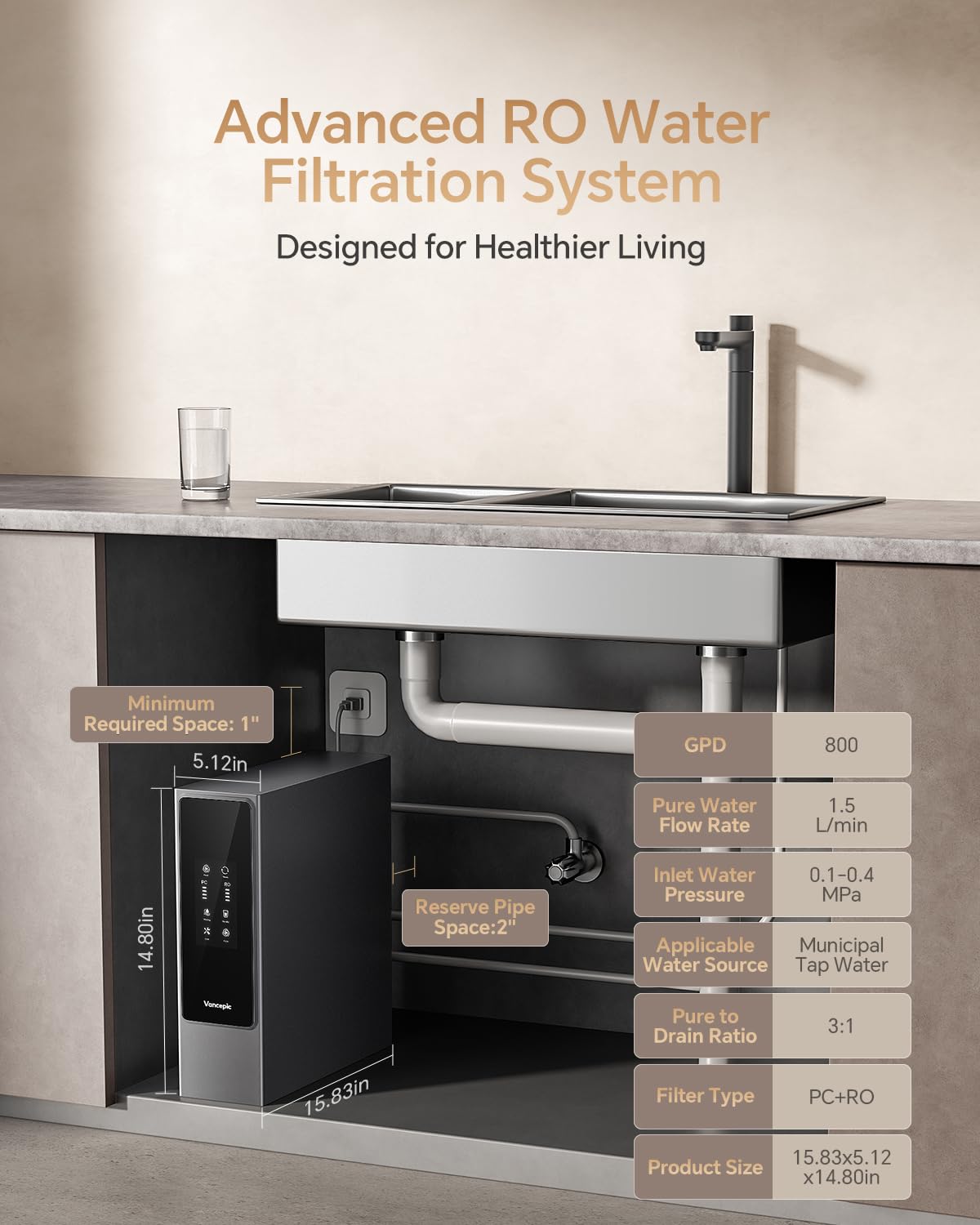 Vancepic Under Sink Reverse Osmosis System, 0.55 GPM High Flow 800GPD Tankless RO System, 3:1 Pure to Drain, 4000L High Capacity Water Filter, 95% TDS Reduction, Quiet Pump V800