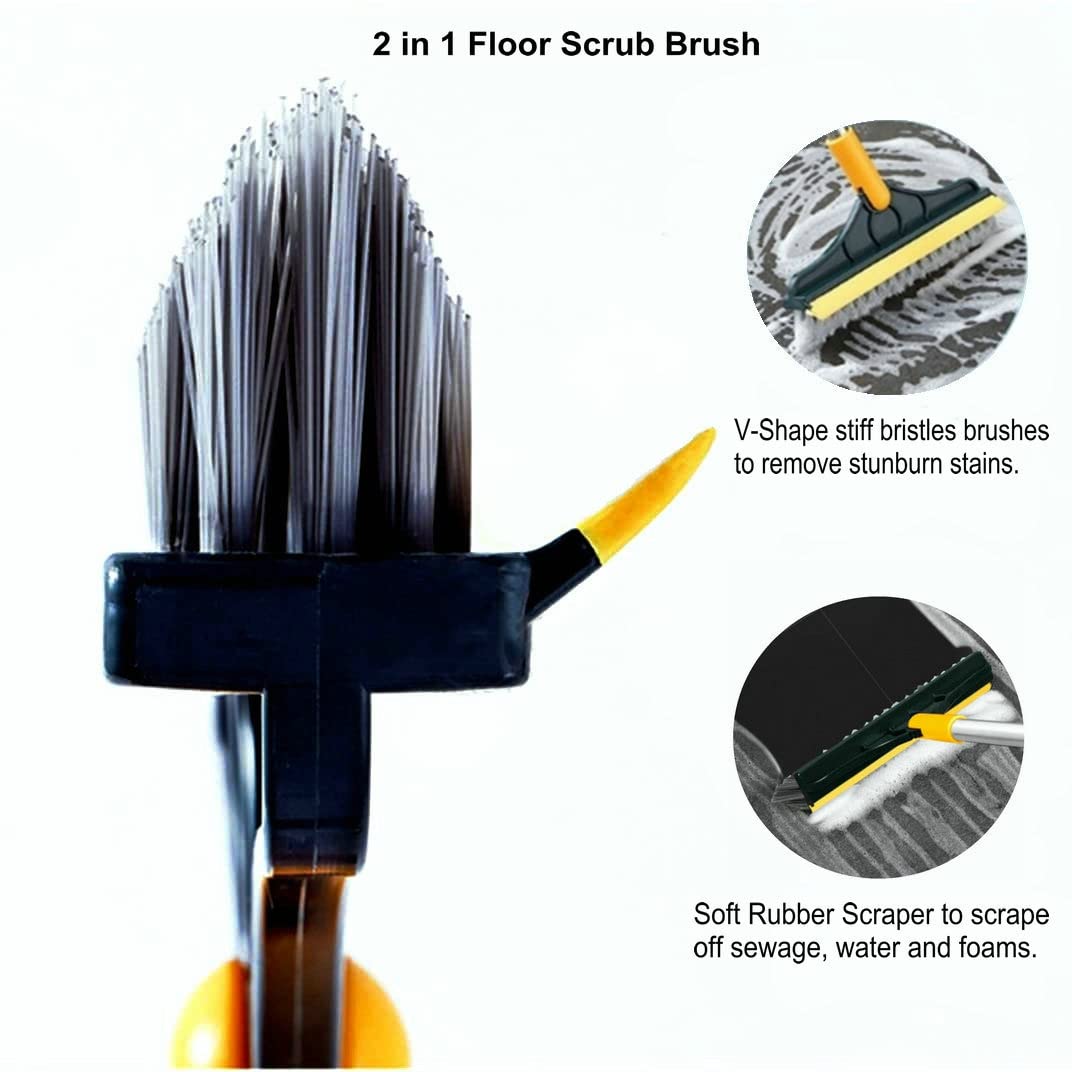 2 in 1 Cleaning Scrub Brush Grout Brush Scrape Floor Scrub Brush with Long Handle V-Shape Stiff Bristle Brush Scrubber with Squeegee 120°Rotating Shower Scruber for Cleaning Bathroom Glass Wall