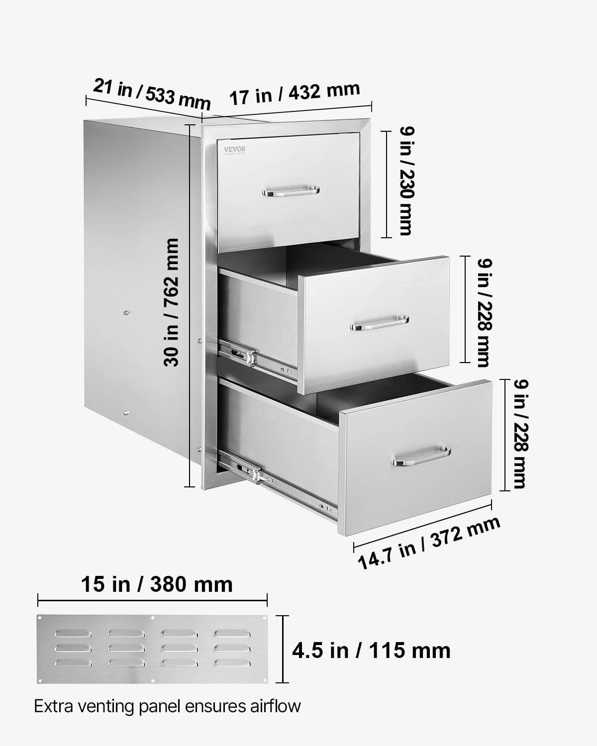 VEVOR Outdoor Kitchen Drawers 17W x 30H x 21D Inch, Outdoor Kitchen Cabinets, Stainless Steel Double Access Drawers, with Paper Towel Holder, Combo for BBQ Island Drawers or Grill Station
