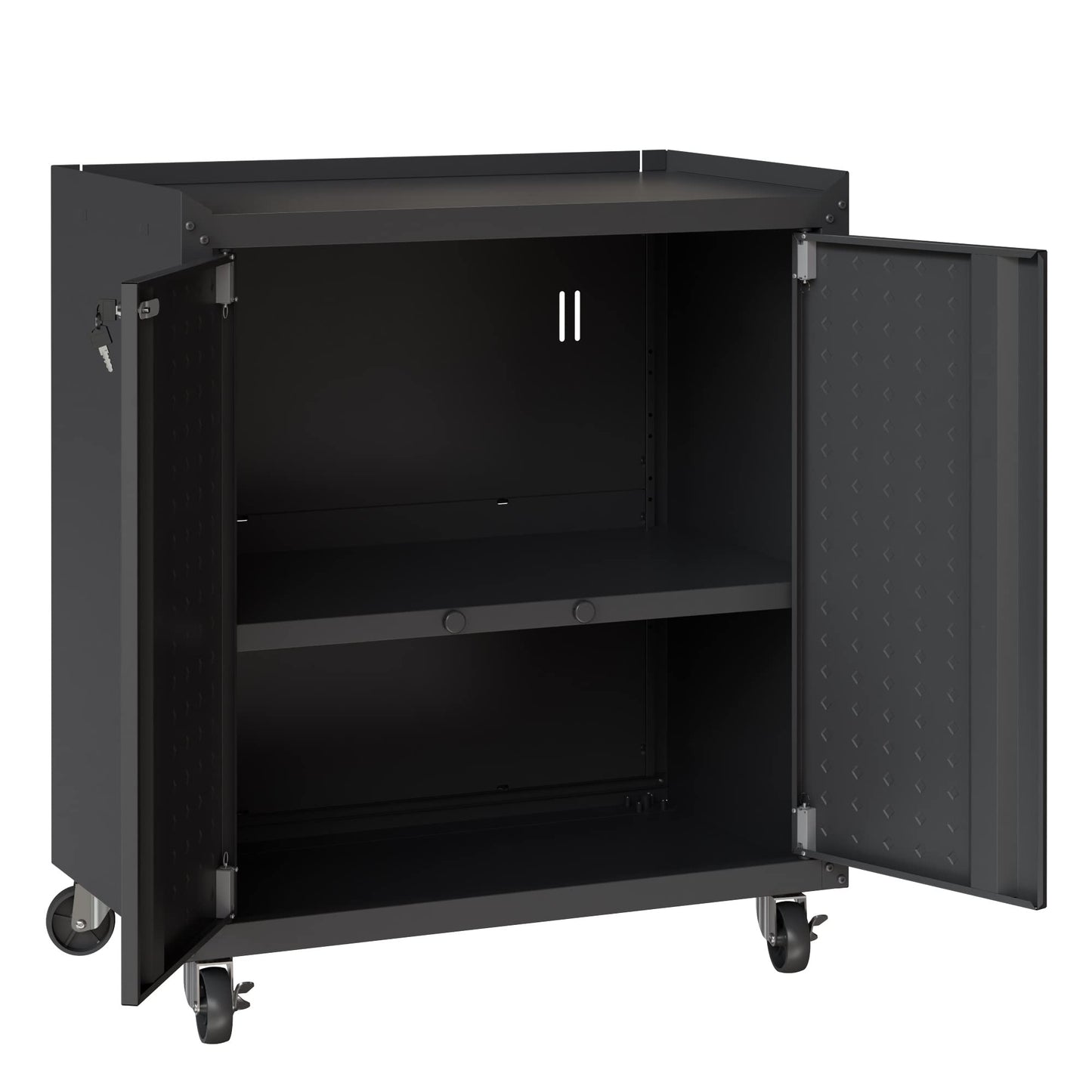 Manhattan Comfort Fortress Rolling Garage Storage Cabinet with 2 Adjustable Shelves, Lockable Metal Tool Compartment, Heavy-Duty Mobile Utility Organizer with Wheels, Charcoal Gray