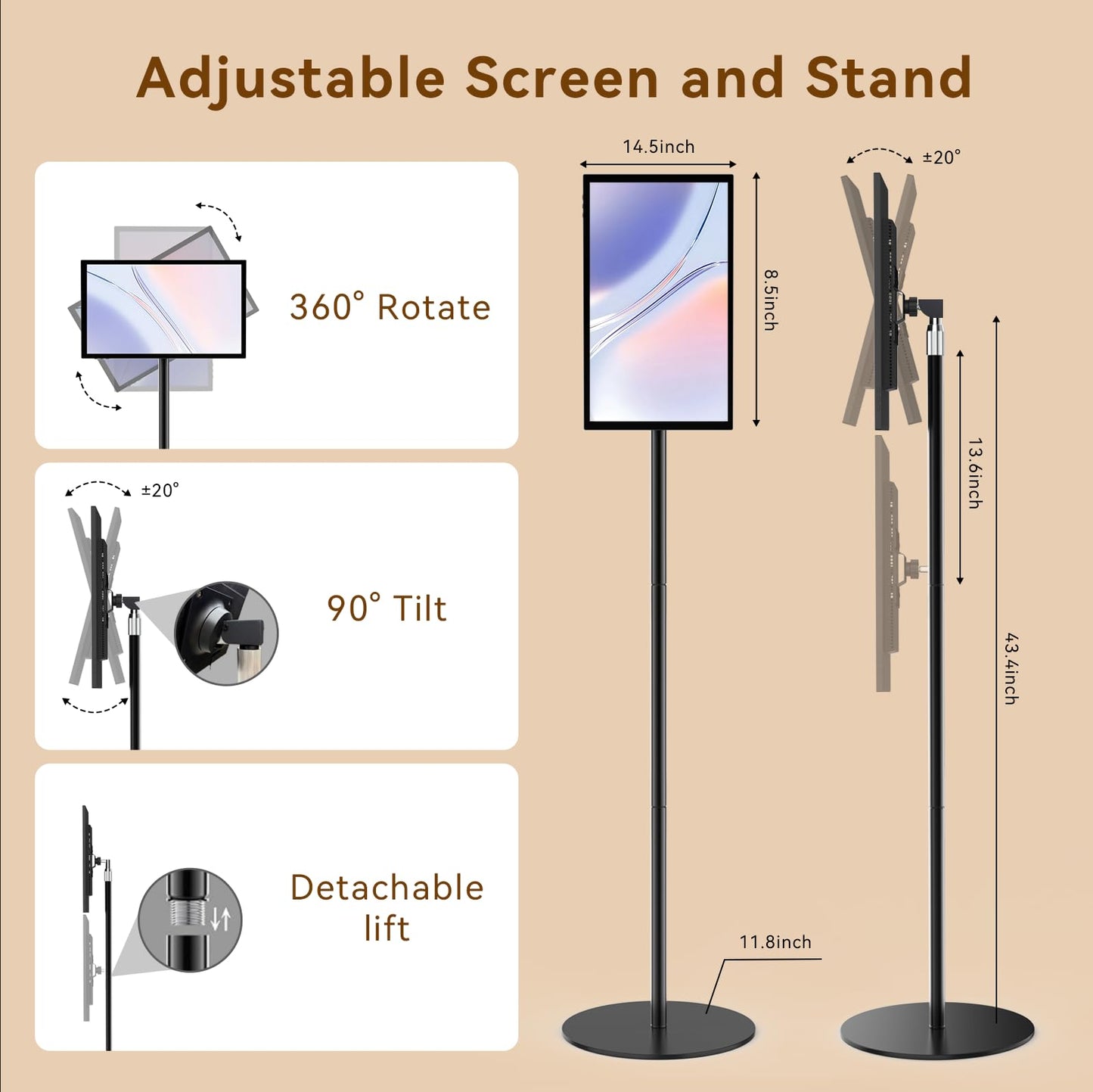 QIXZOCV 15.6" Digital Signage, Capacitive Touchscreen Advertising Display, Adjustable Stand, Android OS Interactive Kiosk, Wireless Screen Mirroring, 4+64GB, Multiple interfaces Available
