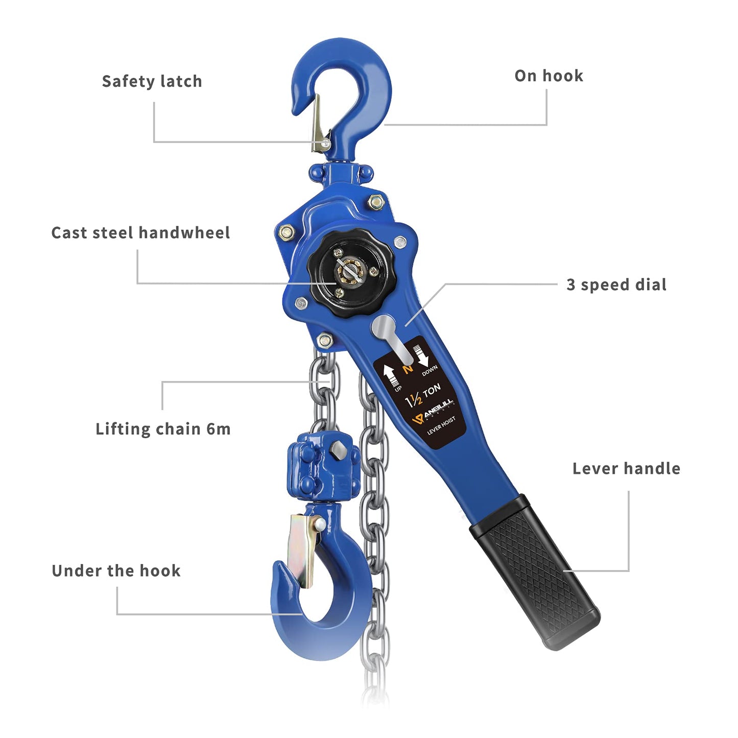 ANBULL Lever Chain Hoist 3300LBS 20FT, 1-1/2 Ton 6M Manual Ratchet Chain Puller Hoist w/G80 Galvanized Chain & Portable Hooks, lever block hand come along