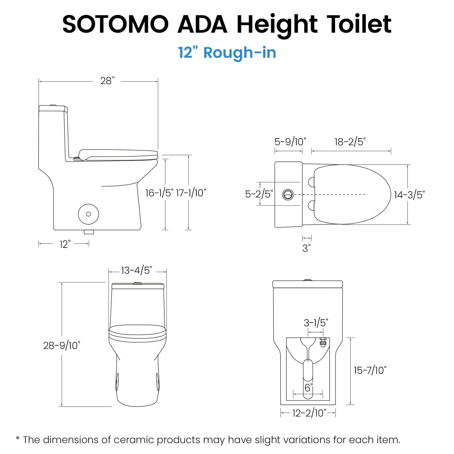 SOTOMO Compact ADA Toilet, 12" Rough-in Elongated One-Piece Toilet with Quick Release & Soft Close Toilet Seat, 1.1/1.6 GPF Dual Flush Water-Saving White, aMJ-T138