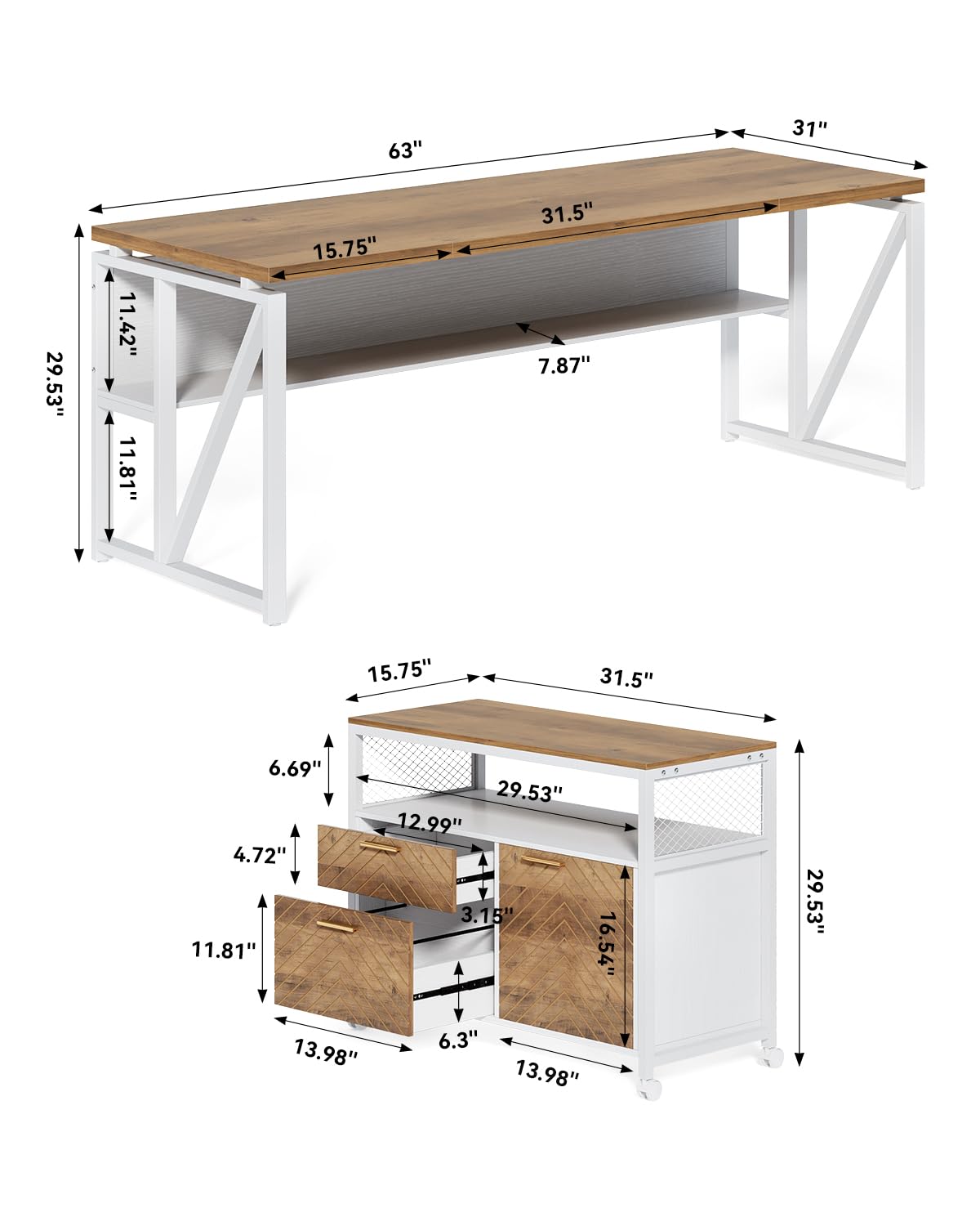 LITTLE TREE 63" L Shaped Executive Computer Desk and Drawer lateral File Cabinet, Walnut