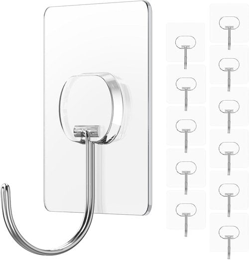 JINSHUNFA Heavy Duty Adhesive Wall Hooks - 13LB Capacity, Waterproof, No Drill - 12 Pack for Bathroom & Kitchen