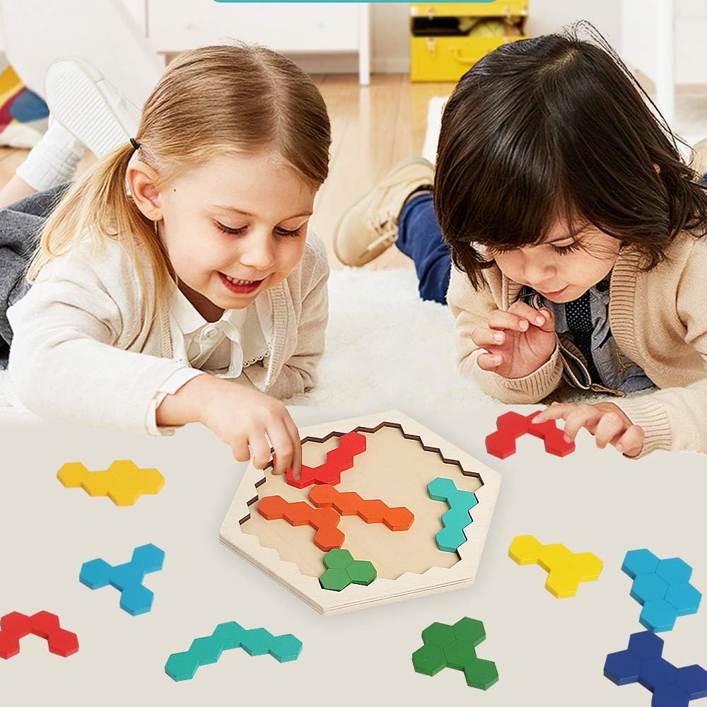 Skrtuan Wooden Blocks Puzzle - Hexagon Brain Teaser for Kids & Adults | STEM Montessori Educational Toy