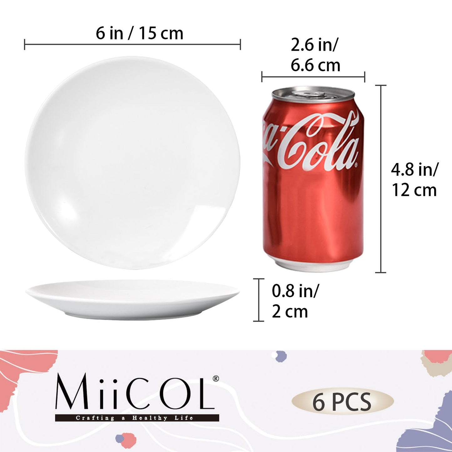 Miicol Small Dessert Plates Set of 6, Ceramic White Appetizer Plates 6 Inch, Mini Porcelain Serving Plate for Cake, Bread, Salad, Snack