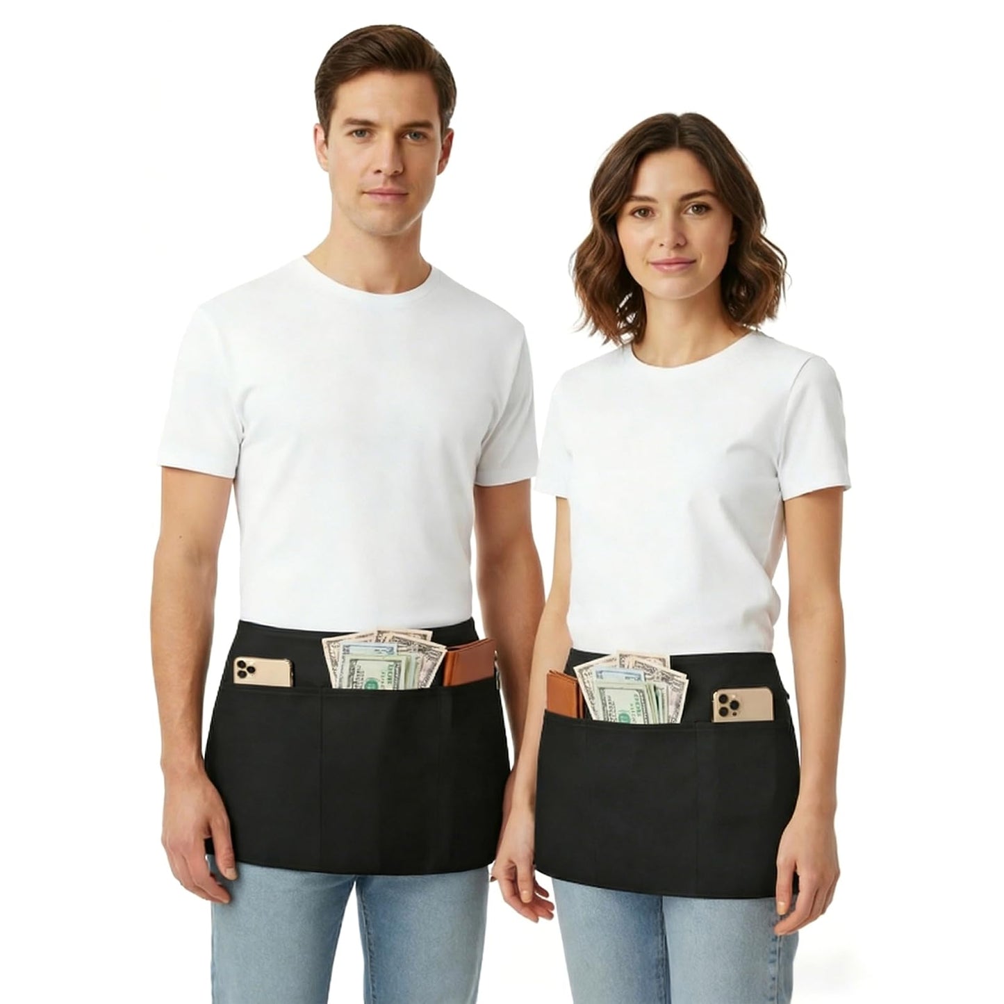 BOHARERS Cotton Server Aprons 2 Pack Waiter Waitress Apron Short Apron with Pockets Restaurant BBQ 12 Inch Black
