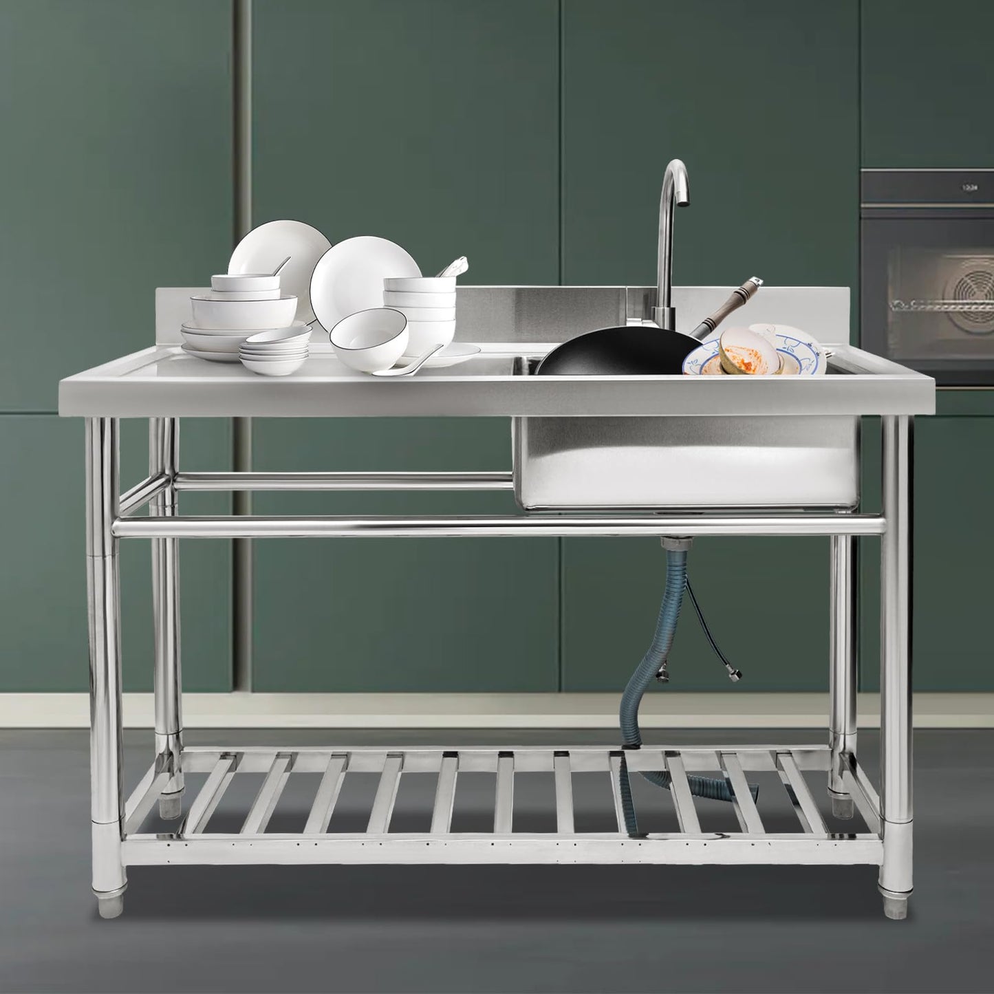 47.2" Stainless Steel Utility Sink with Faucet, 1 Compartment Free Standing Single Bowl Sinks, Commercial Restaurant Kitchen Sink Set with Storage Shelf for Indoor Outdoor