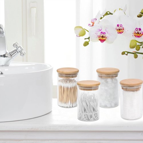 BKYFPQ Glass Qtip Holder Dispenser Set - 4 Apothecary Jars with Lids for Makeup & Bathroom Storage