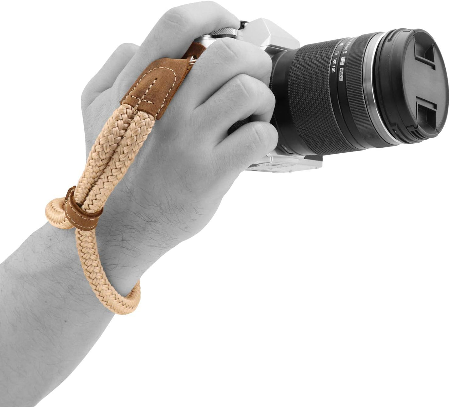 MegaGear Leather & Cotton Camera Wrist Strap - Secure Hand Grip, Adjustable Anti-Drop Hand Strap Compatible with Canon