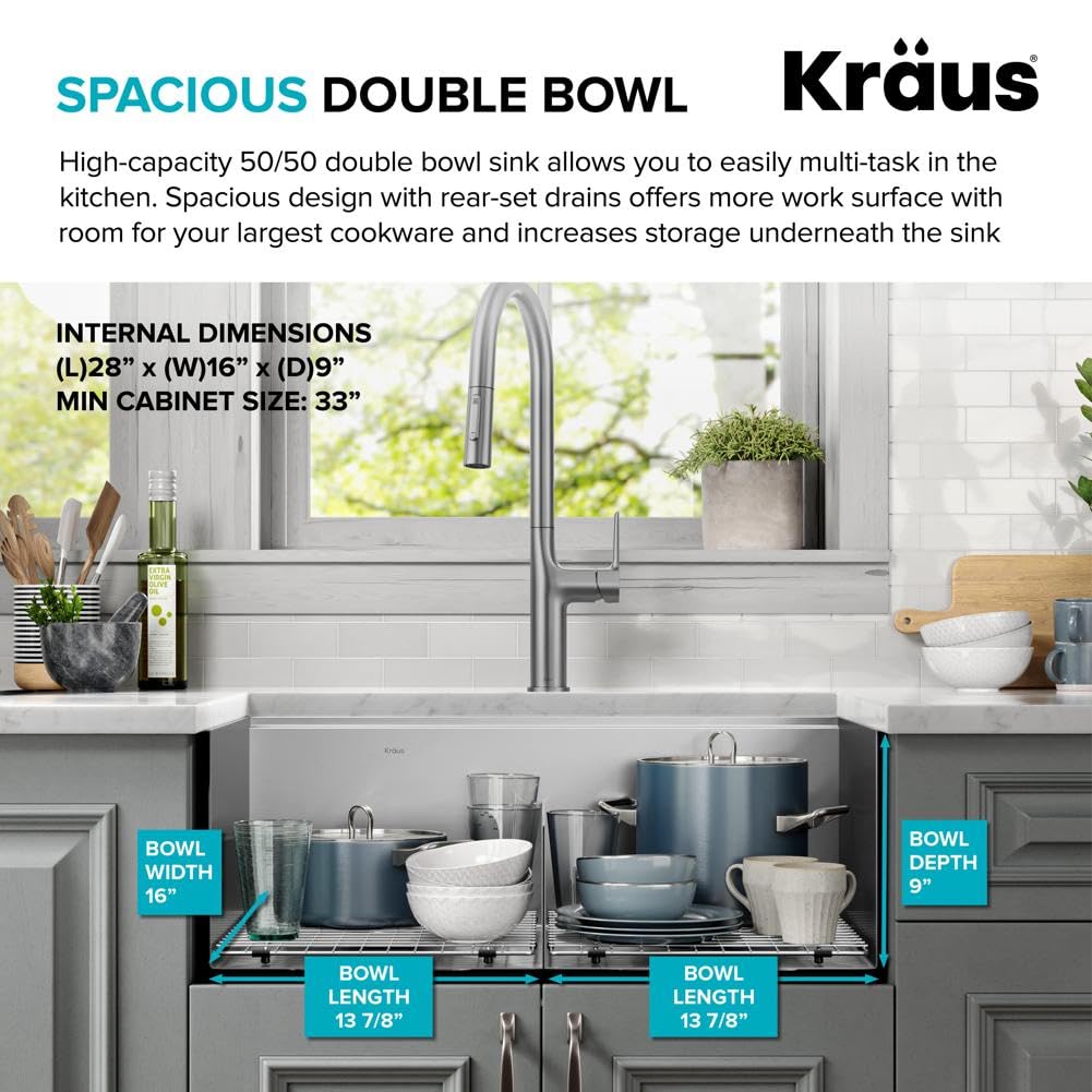KRAUS Kore 30-Inch Drop In/Top Mount Workstation 16 Gauge 50/50 Double Bowl Stainless Steel Kitchen Sink with Accessories, KWT302-30