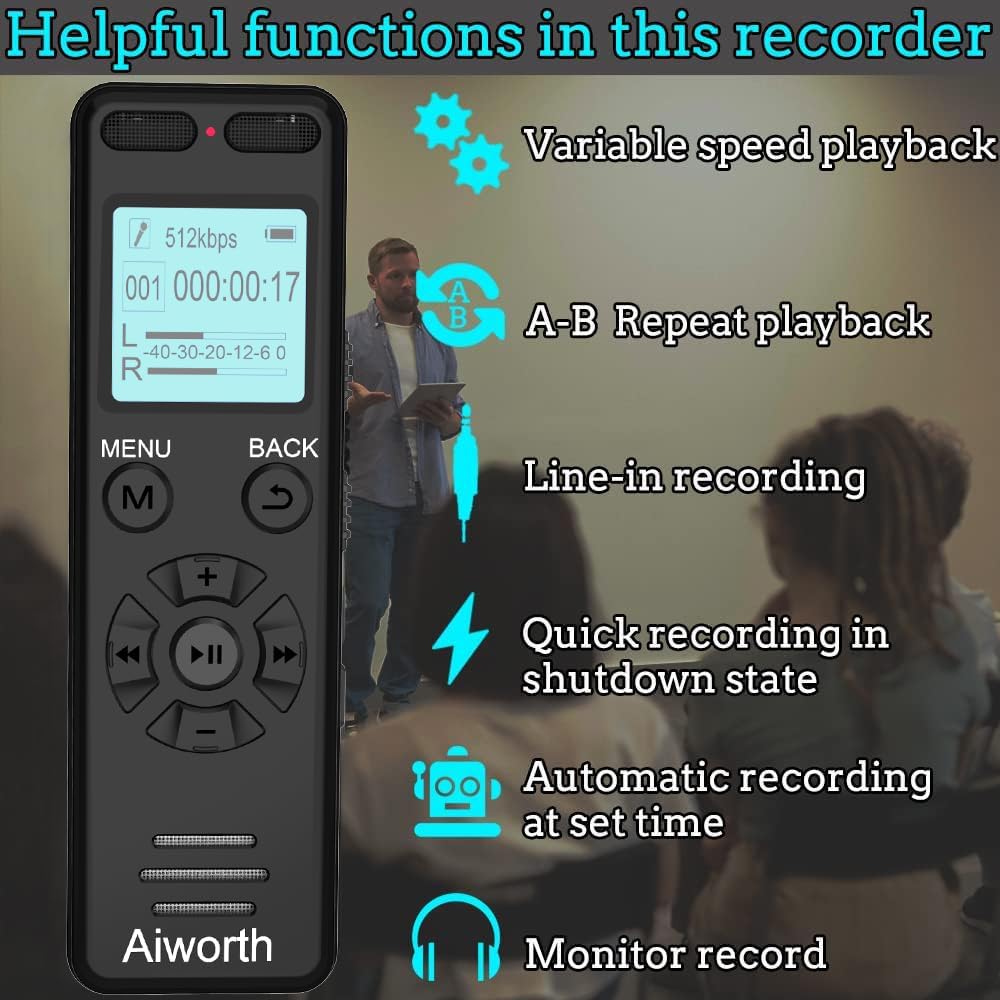 Aiworth 136GB 9860 Playback,MP3 Digital Voice Recorder Voice Activated Recorder for Lectures Meetings - Hours Sound
