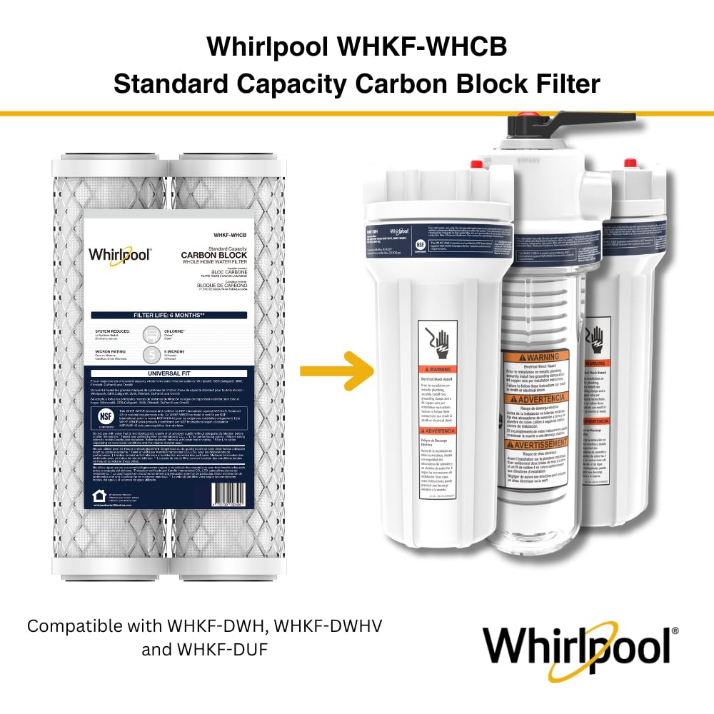 Whirlpool 10" x 2.5" Carbon Block Water Filter WHKF-WHCB, NSF Certified 5 Micron Reduces Chlorine and Sediment, 6-Month Life, CTO Replacement Cartridge Fits Home Filter Housing, Reverse Osmosis System