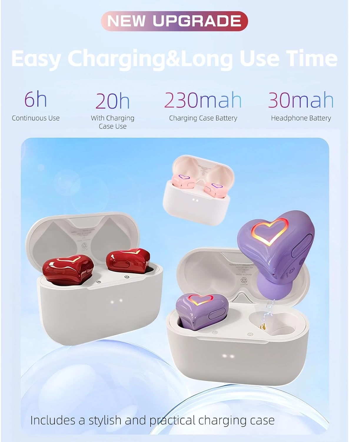 5.3 Yoidesu Earbuds Stylish Heart Shaped, HiFi Stereo Sound Bluetooth Headphones with Charging Case, Cute Creative