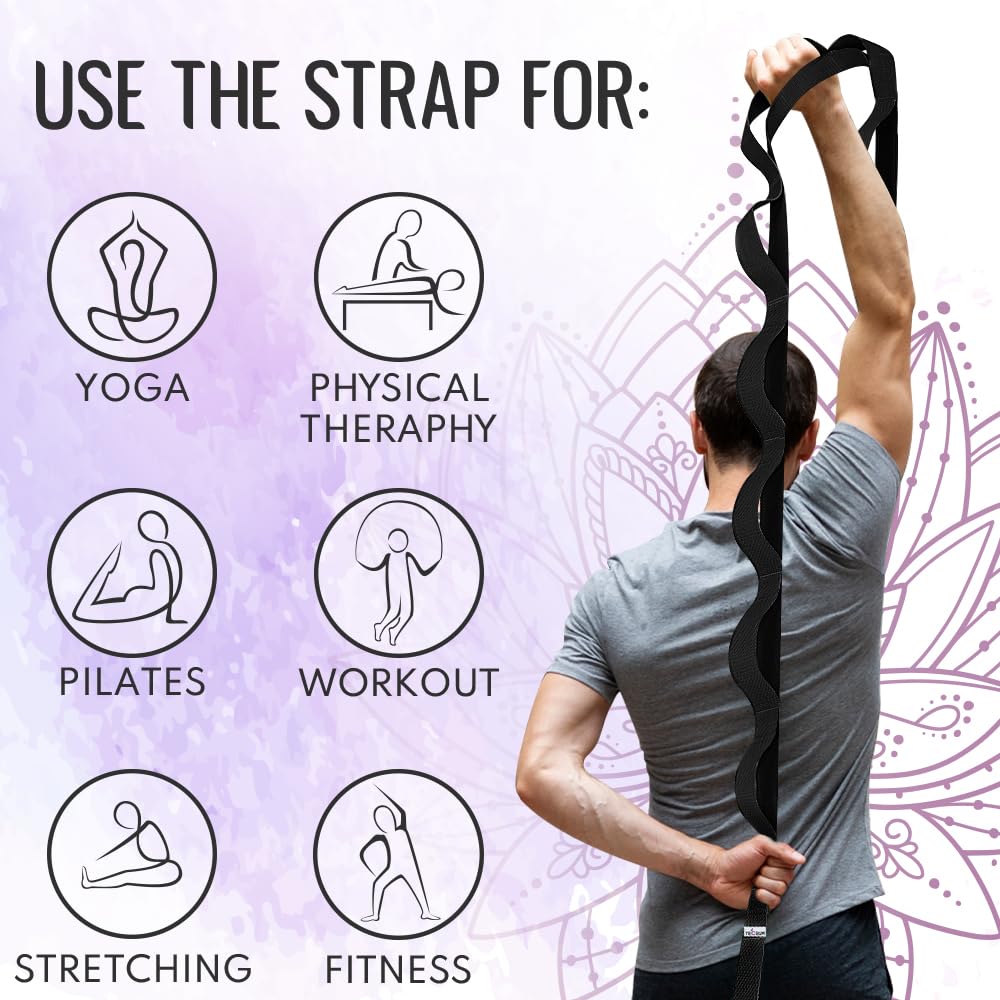 TECEUM Stretching Strap for Yoga & Physical Therapy – 10 Loops – Non-Elastic Leg Stretch Straps for Stretching, Exercising, Pilates, Post-Injury Rehabilitation for All Levels – Men & Women