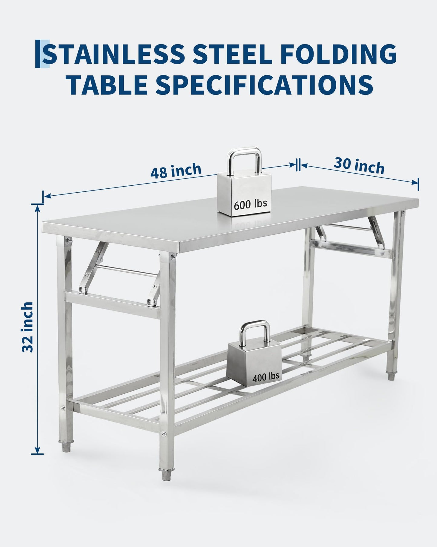 Commercial Stainless Steel Folding Table with Undershelf，48 x 30 Inch Heavy-Duty Kitchen Island Worktable Workstation for Food Prep, Restaurant, Catering & Home Use | Portable Work Table for Kitchen,