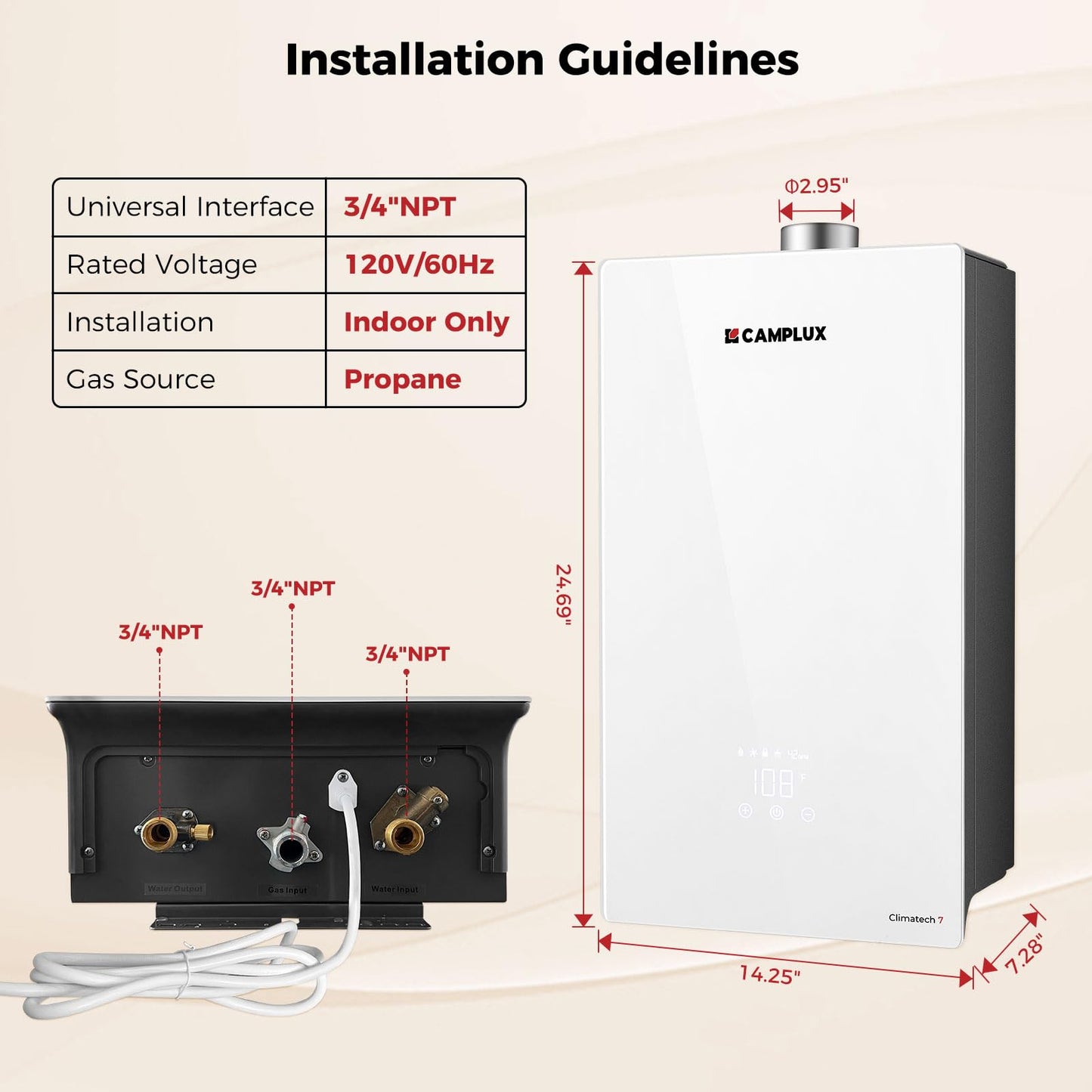 CAMPLUX Climatech 7 170,000 BTU(Real Data) Tankless Water Heater Propane, 6.86 GPM Up to 7.6 GPM, CSA Certified Residential On-Demand Instant Tankless Hot Water Heater Propane Indoor, 4-6 Outlets