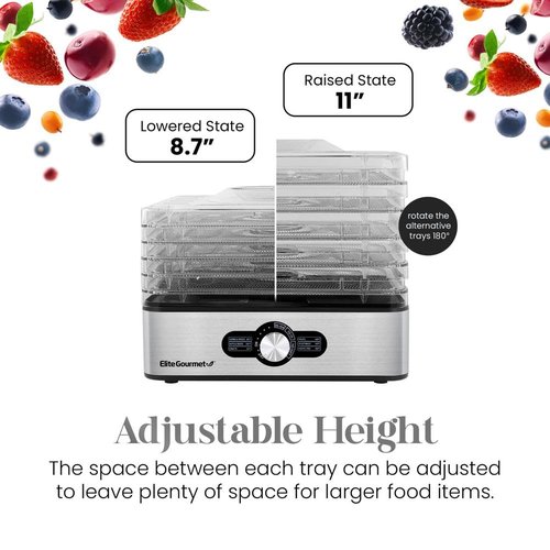 Elite Gourmet EFD3321 Food Dehydrator, Stainless Steel Trays Adjustable Temperature Controls, Jerky, Herbs, Fruit, Veggies, Dried Snacks, Stainless Steel