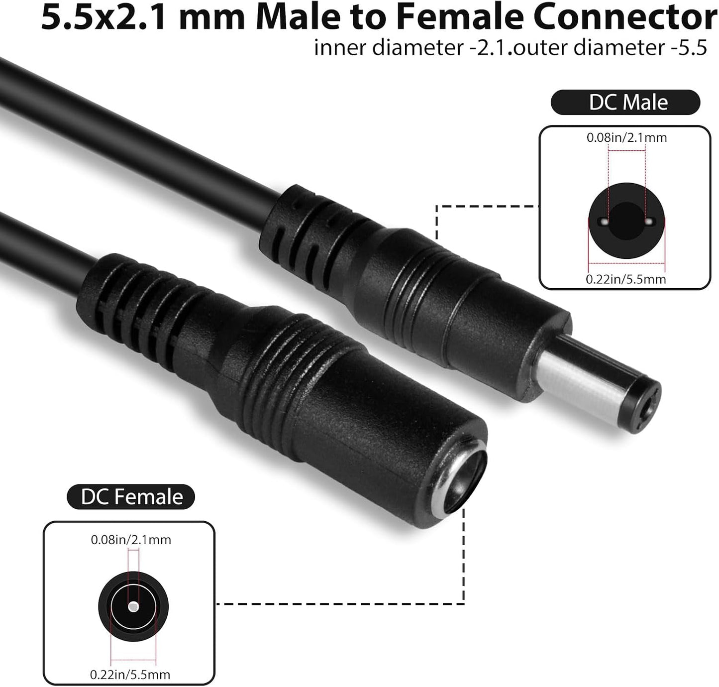 Vanxse 12v 2.1x5.5mm (20Meters-65FT) Dc CCTV Power Extension Cable for CCTV Security Camera WiFi IP Surveillance Camera