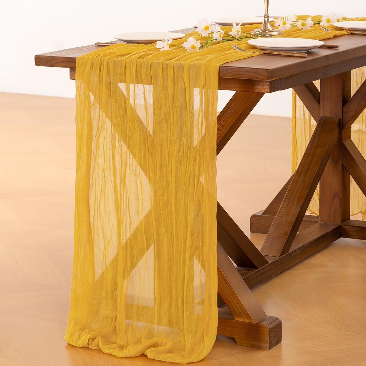 Socomi Cheesecloth Table Runner - 6pcs Gold Yellow Boho Rustic 120 Inch for Weddings & Events