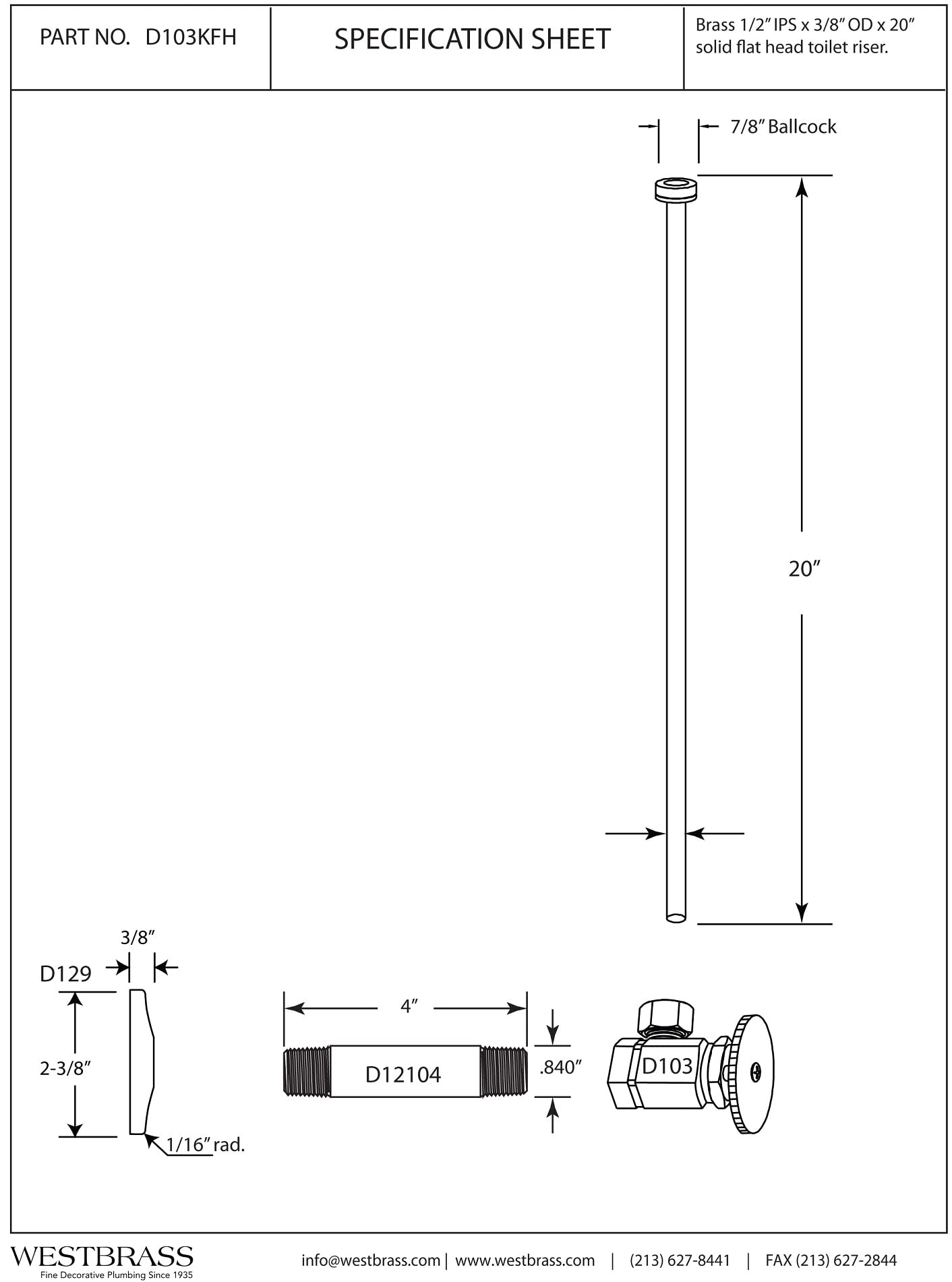 Westbrass D103KFH-6-62 1/2" IPS x 3/8" OD x 20" Flat Head Riser Supply Line Kit with Round Handle Angle Supply Shut Off Valve for Toilet, Matte Black (6-Pack)