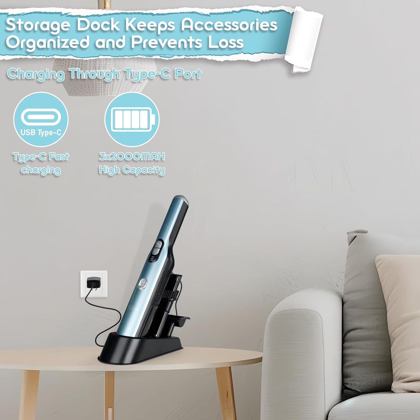 Skiennix Handheld Cordless Vacuum Cleaner - 18KPa Suction Power, Quick-Charge & LED Headlight, Blue