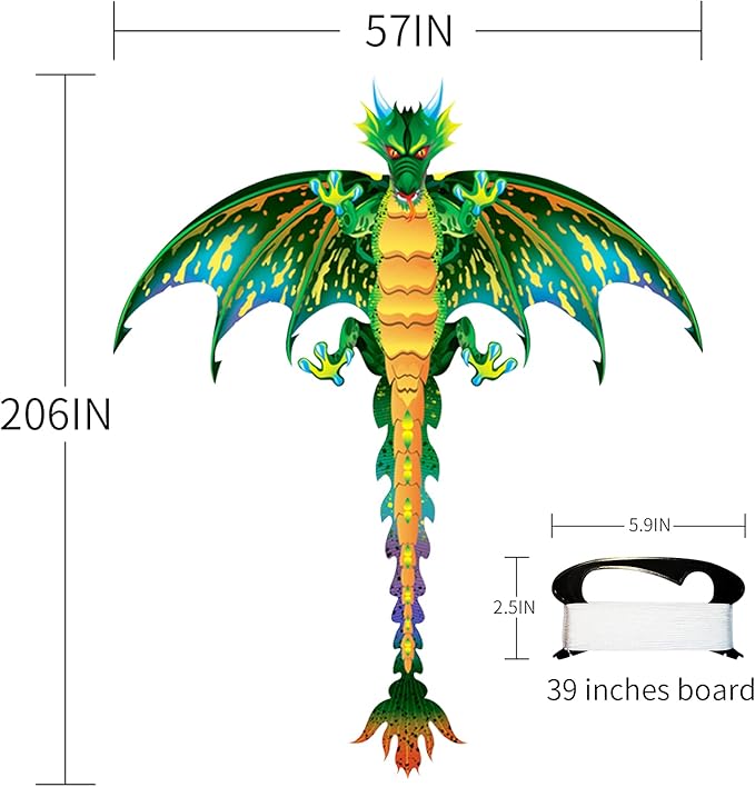 eyijklzo Green Dragon Kite Beautiful and Easy Flyer Kite for Children and Adult with Long Colorful Tail String Line Accessories Easy to Soar High Outdoor Sports Game Activities or Beach Trip