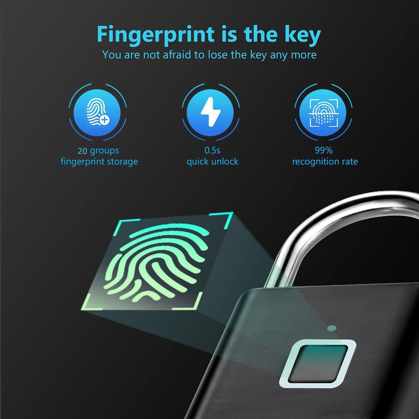 Fingerprint Padlock, Locker Lock with Keyless, Portable Biometric Padlock Combination Locks for Gym Gate Storage, Smart Lock for Locker USB Rechargeable (20 Fingerprint Black A)