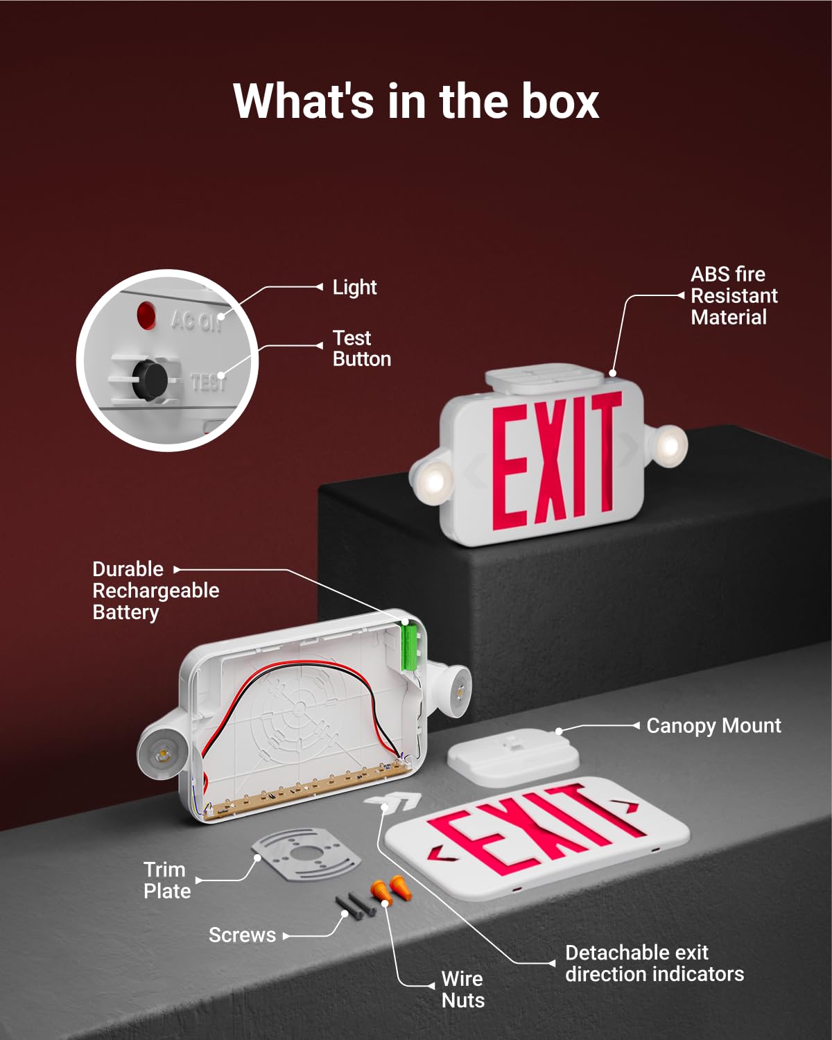 Sunco 6 Pack LED Exit Sign With Emergency Lights, Red, Two Mini Adjustable Lights, 94V-0 Fire Resistant, Backup Battery, 2.3W 6000K Daylight Deluxe, 200 Lumens 120-277V, Wall Or Ceiling Mount UL