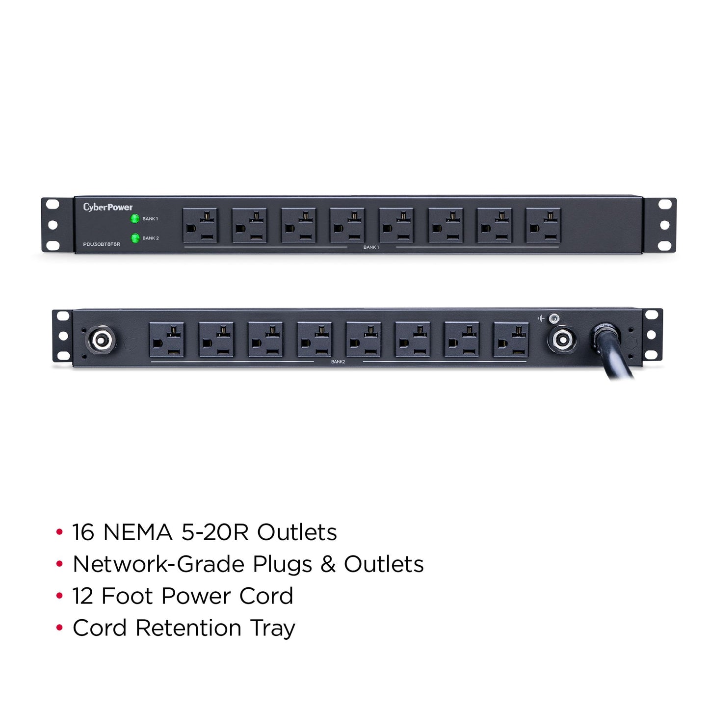 CyberPower PDU30BT8F8R Basic PDU, 100 – 125V/30A (Derated to 24A), 16 Outlets, 12 Foot Power Cord, 1U Rackmount