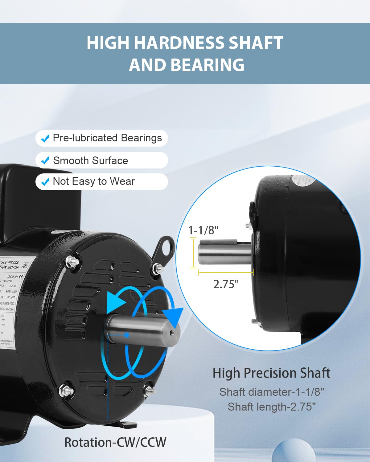 Electric Motor 3HP, 1750RPM Farm Duty Motor, Single Phase Motor 4 Pole 1-1/8"Shaft Diameter 184T CW/CCW TEFC IP55 60HZ
