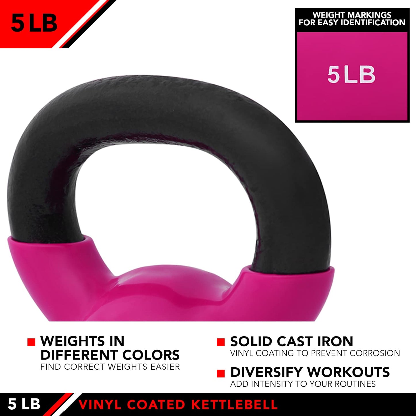 JFIT Vinyl-Coated Cast Iron Kettlebell Weight – Flat Bottom Kettlebell for Strength Training, Cross Training & Home Gym Workouts, 5LB-Hot Pink