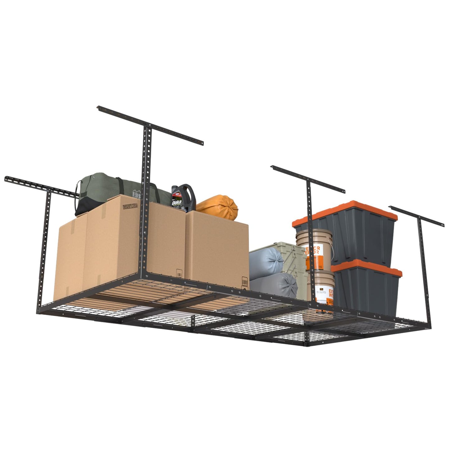 eShelf 4ftx8ft Overhead Garage Storage Rack, Heavy-Duty Metal Garage Ceiling Storage Rack, 22''-40" Adjustable Ceiling Drop-Down, 750 lb. Loading Weight Capacity, Black
